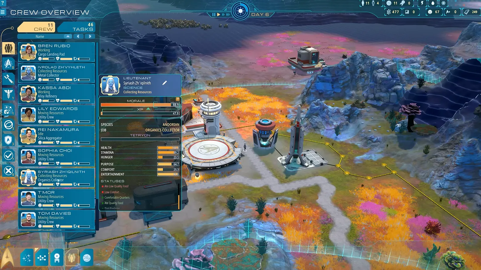 Official gameplay footage of the crew roster list on the left with one crew member’s detail card open over an outpost