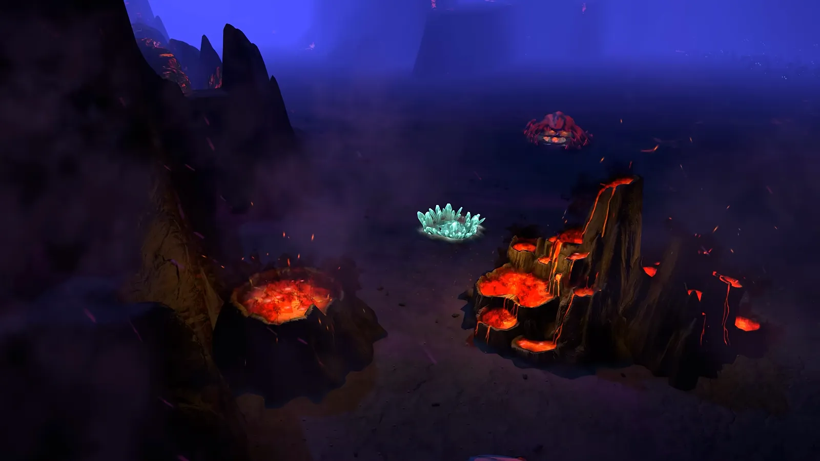 Official gameplay footage of a dark crater with glowing red magma and a cluster of green crystals