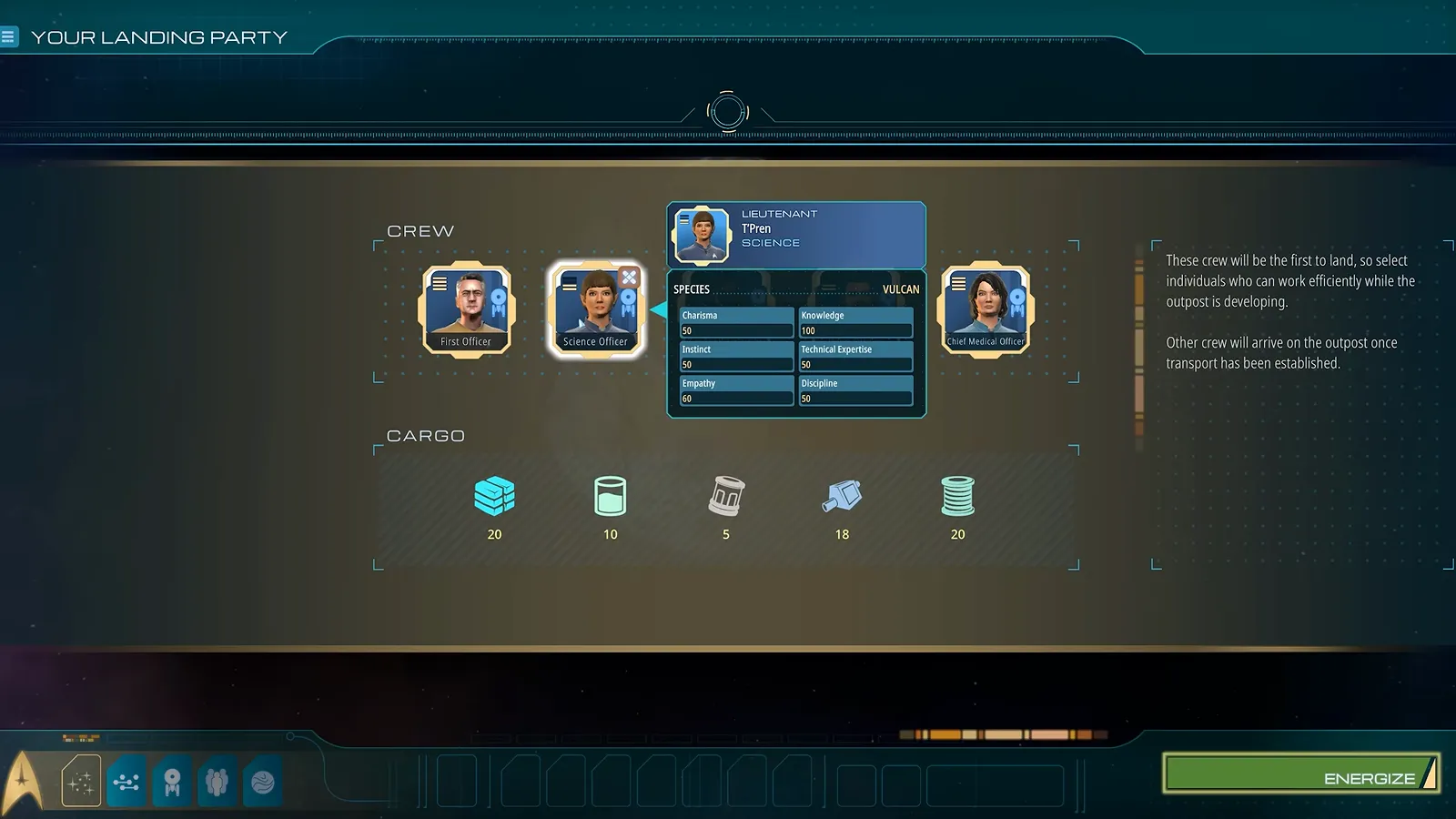 Official gameplay footage of the “Your Landing Party” screen with three crew portraits above a row of cargo icons