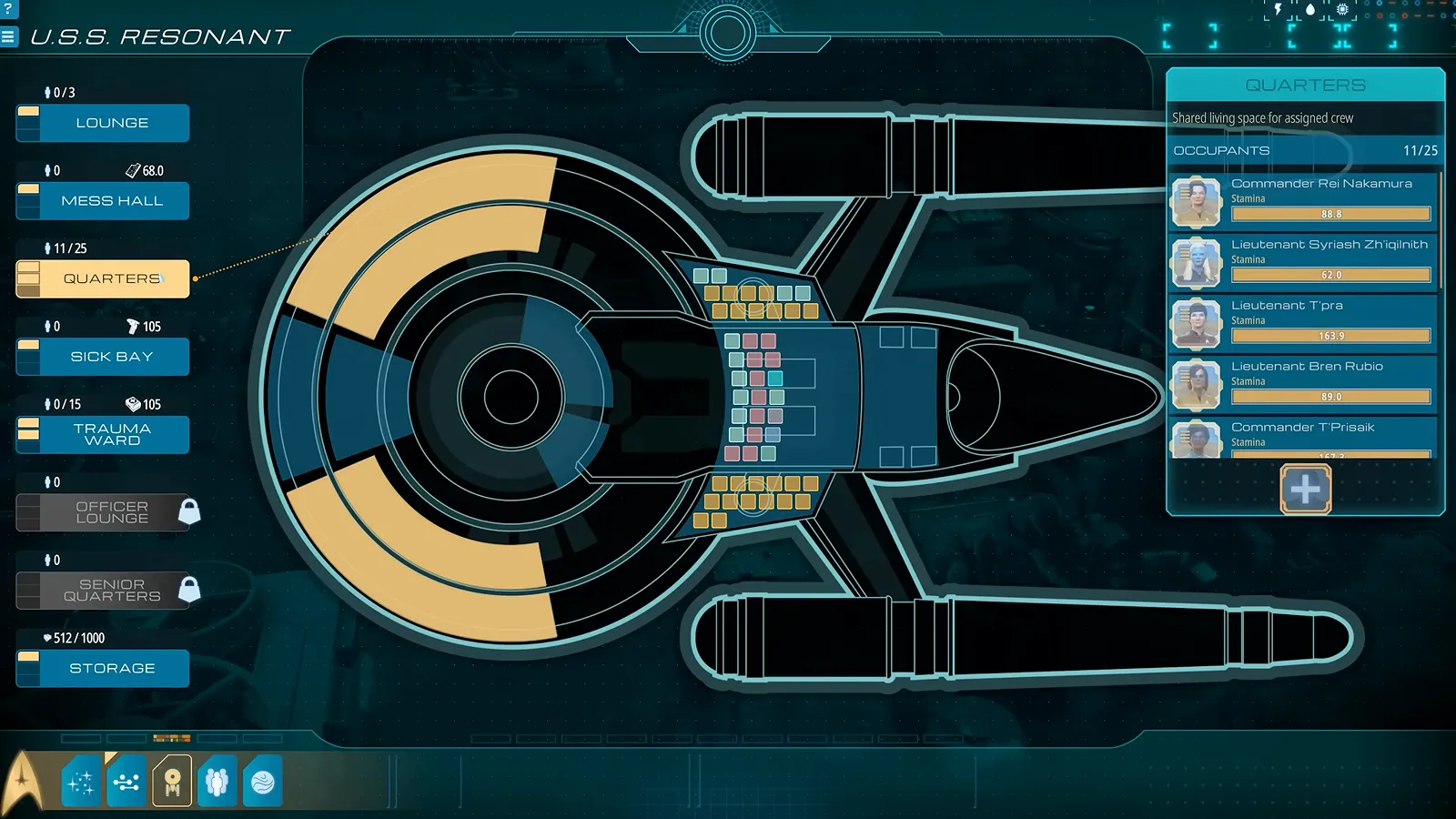 Official gameplay footage of the U.S.S. Resonant deck diagram with the Quarters section highlighted and a list of crew names in the right-hand panel