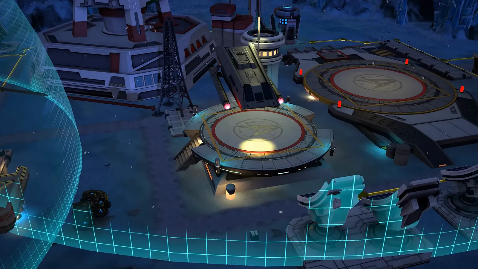 Official gameplay footage of two circular landing pads inside the cyan edge of a dome, at night