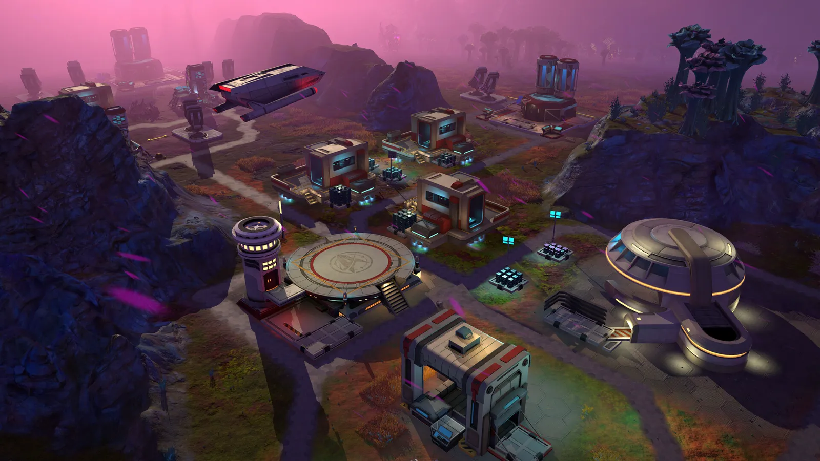 Steam screenshot of an outpost at dusk with a landing pad, a domed building and a shuttle in the sky