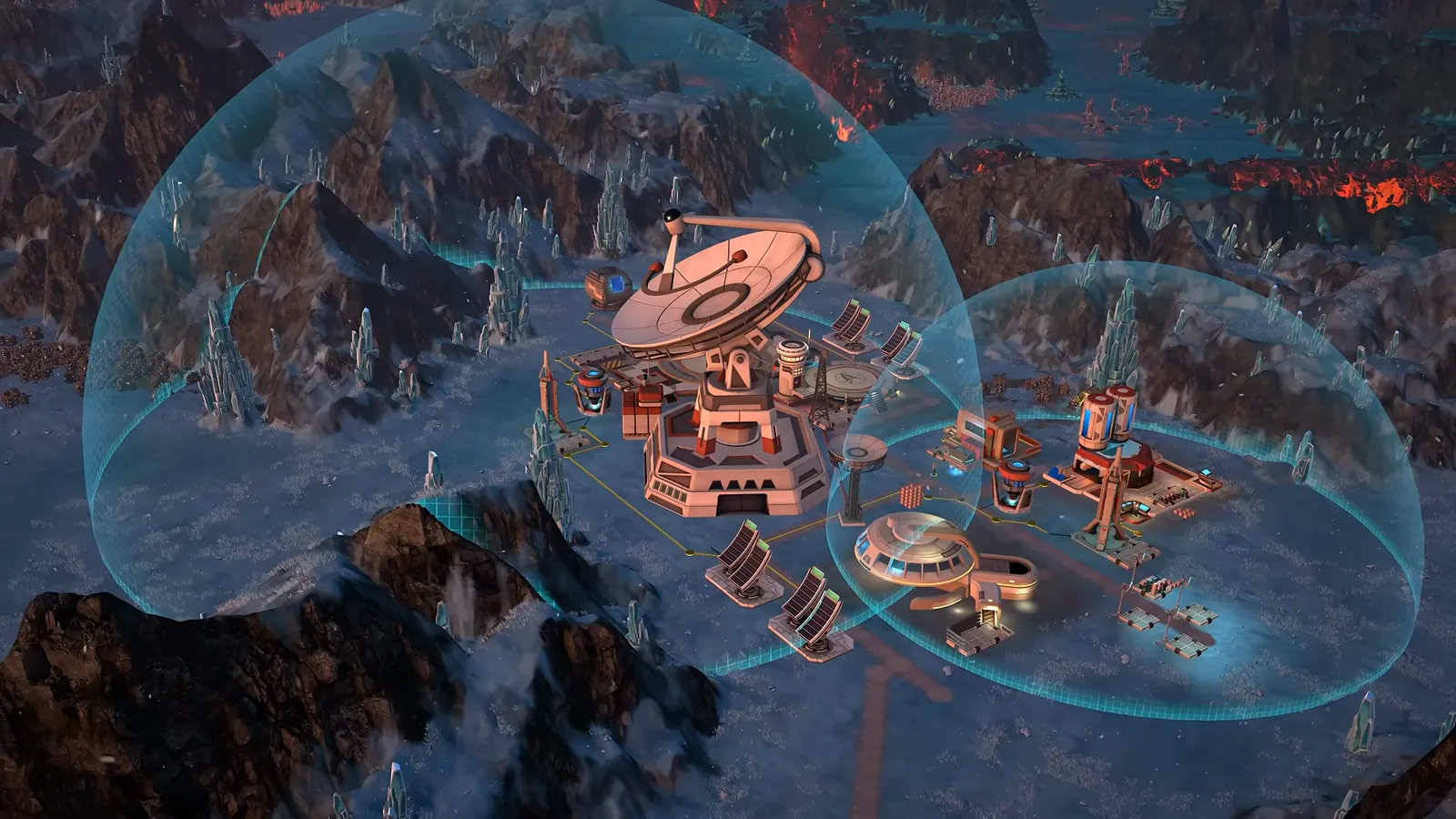 Official gameplay footage of two translucent domes covering small outposts on a dark, icy landscape