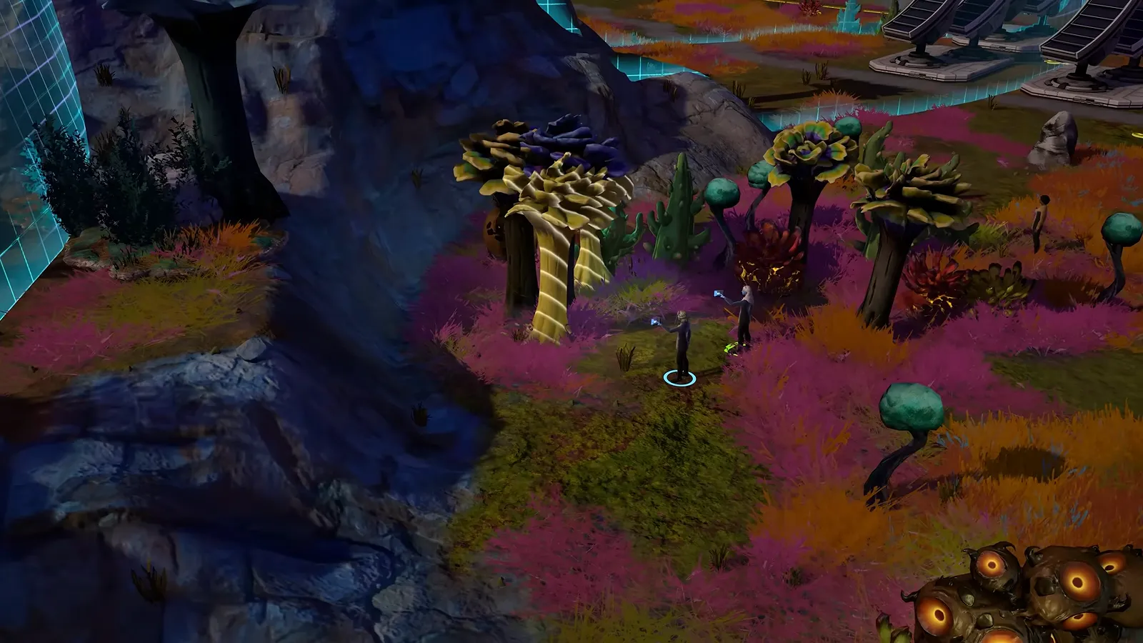 Official gameplay footage of pink and purple alien plants and dark rock seen at close range