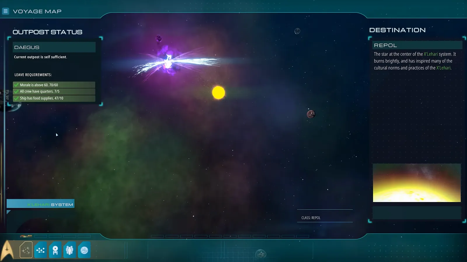 Official gameplay footage of an Outpost Status and Destination screen showing a star system with a glowing nebula