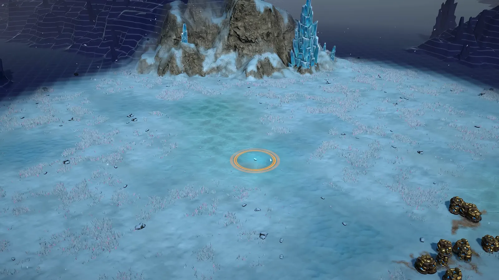 Official Kourou gameplay footage of a frozen glacier plateau with an ice-crystal spire and an orange survey ring on the ice