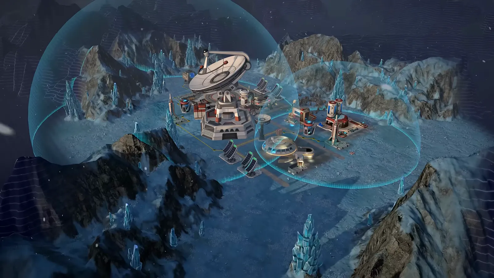 Shielded Kourou outpost under a translucent blue dome with a dish-topped building among icy rock spires in official gameplay footage
