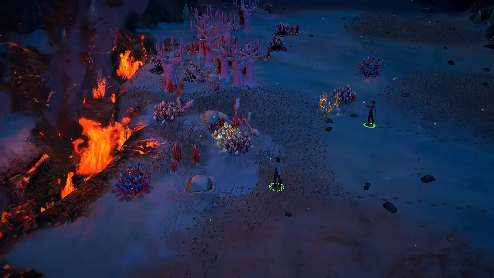 Glowing magma fissures and red crystal growths across the dark volcanic badlands of Kourou in official gameplay footage