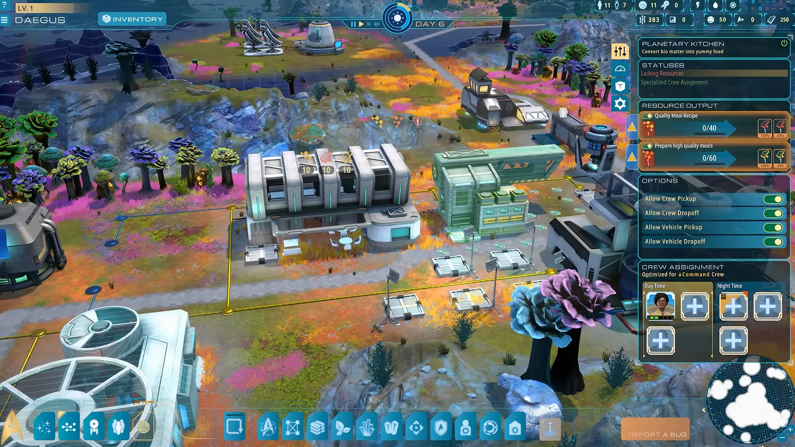 Official gameplay footage of an industrial cluster with a building information panel open on the right-hand side