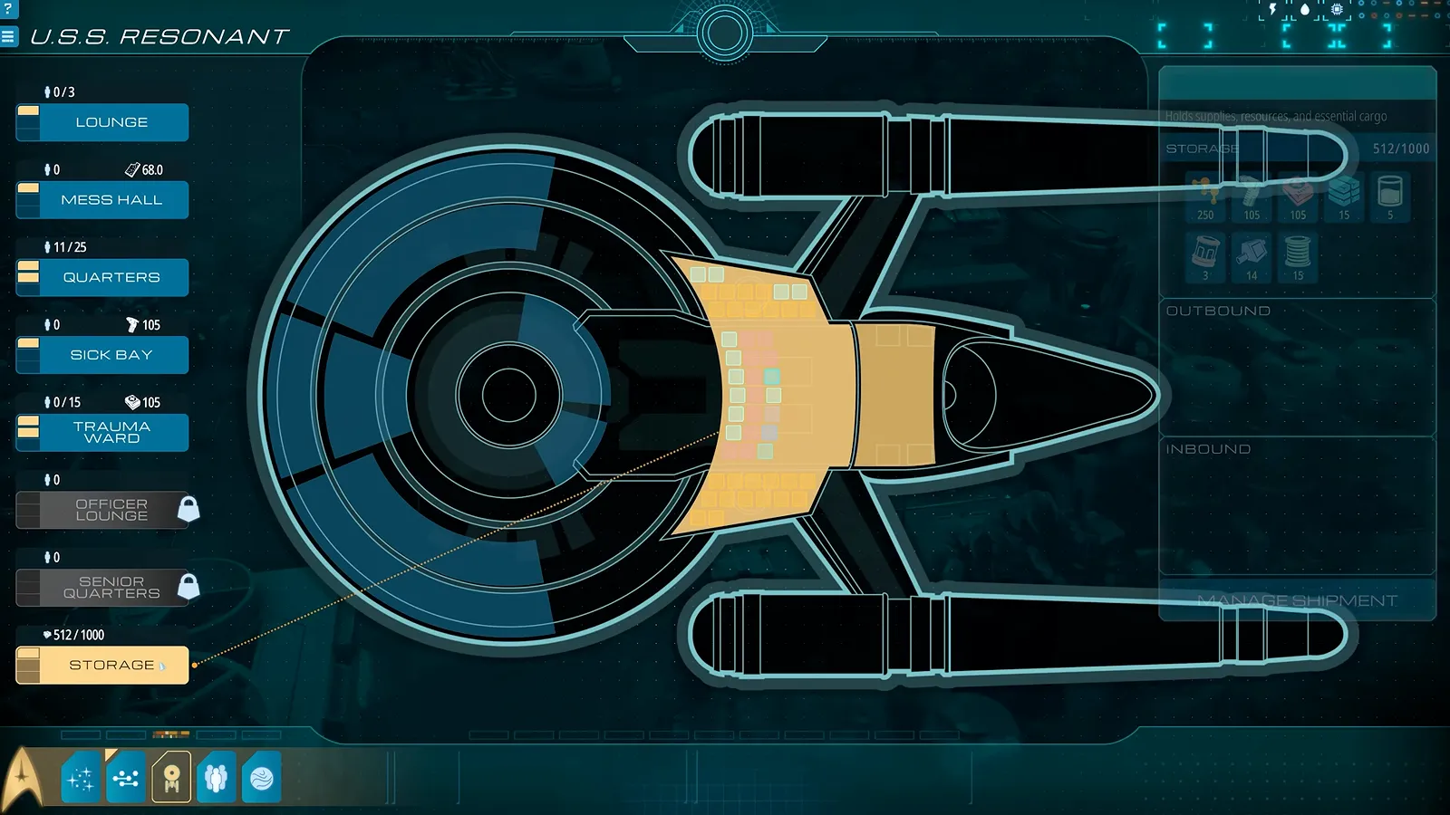 Official gameplay footage of the U.S.S. Resonant deck diagram with a Storage entry in the left-hand list