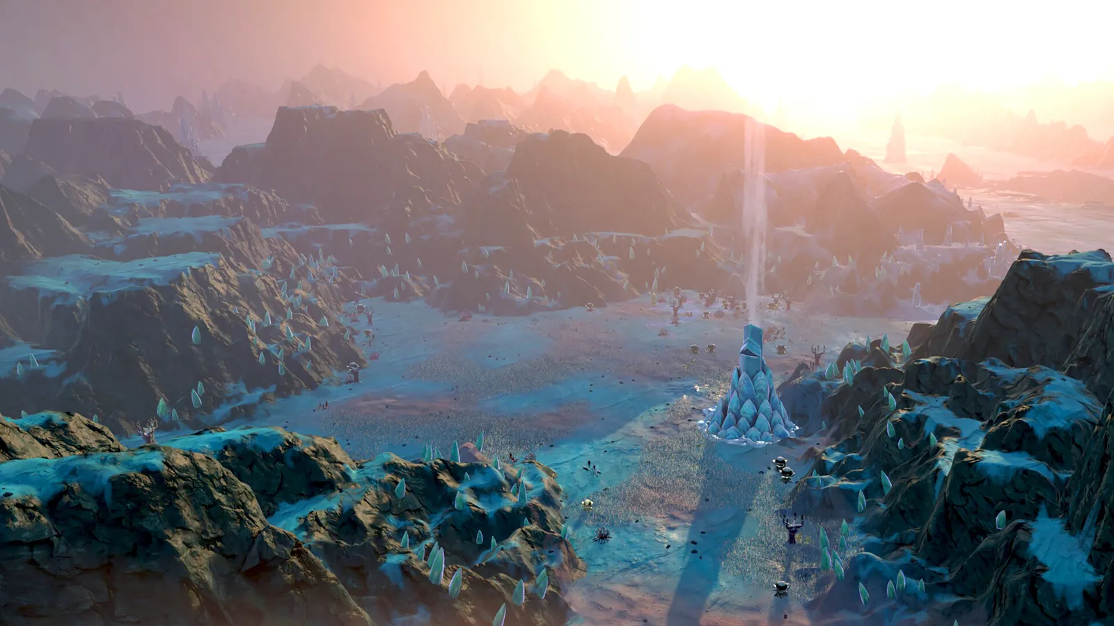 Steam screenshot of a frozen valley with a thin vertical beam of light rising from a distant spire